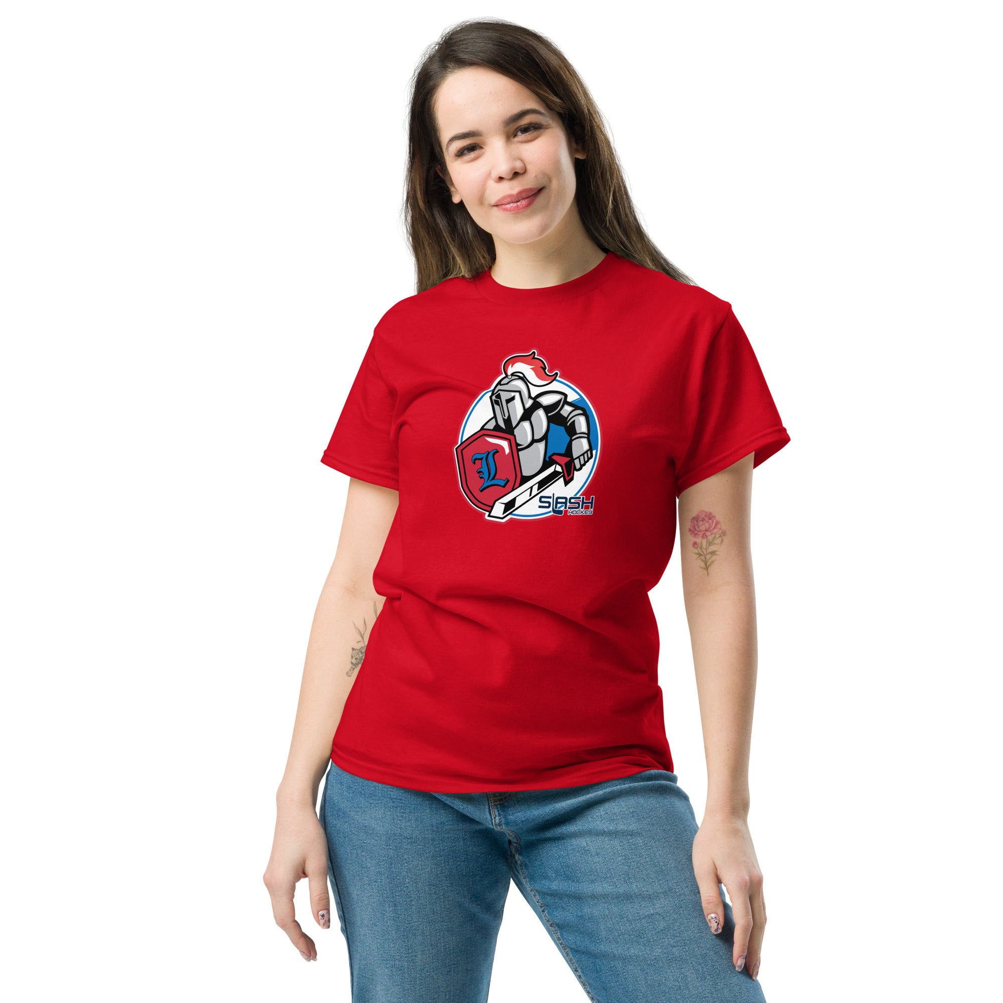 Female model wearing LHA tee, styled casually to show Livonia Hockey pride on and off the rink.