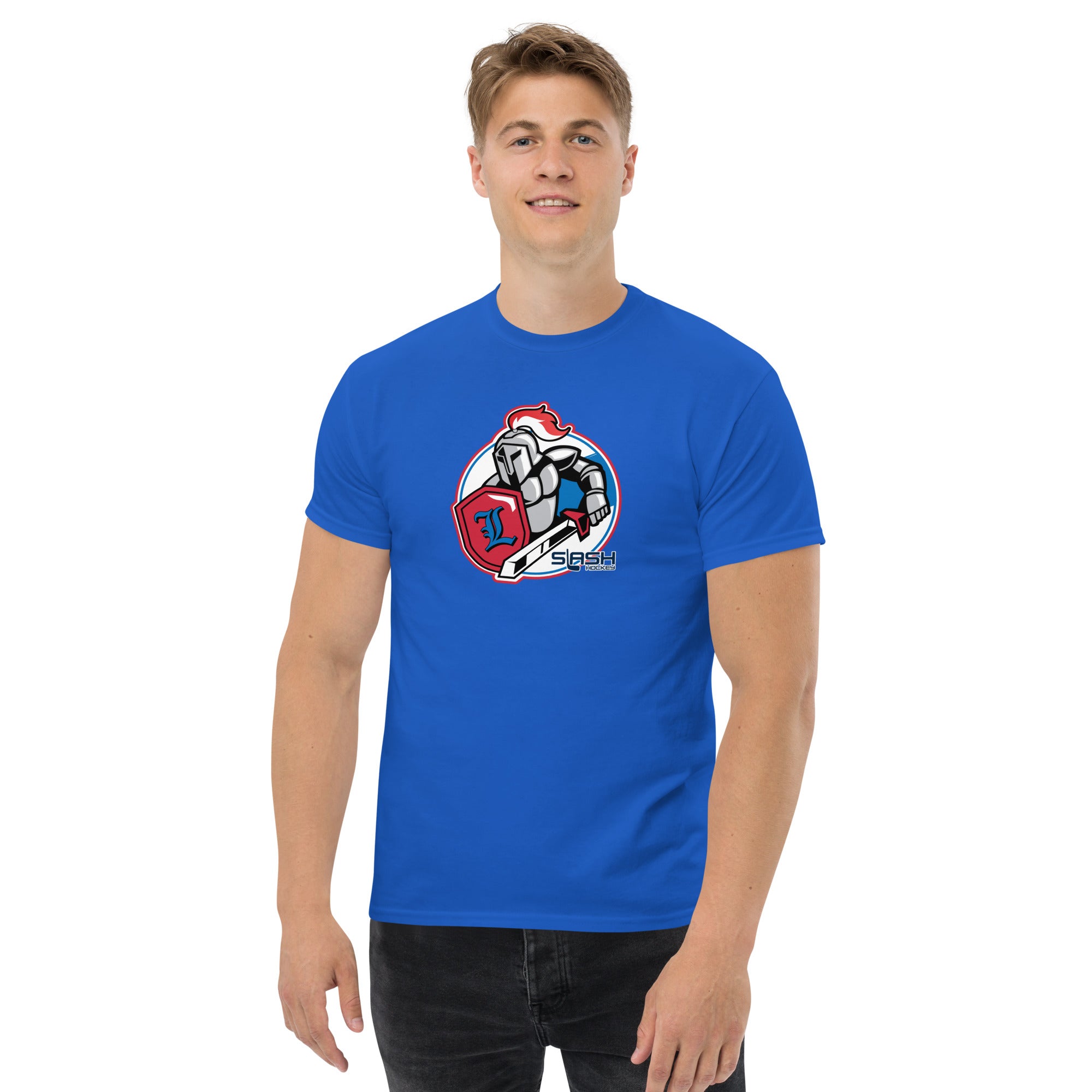 Male model wearing LHA tee, casual hockey-inspired look for players and fans.