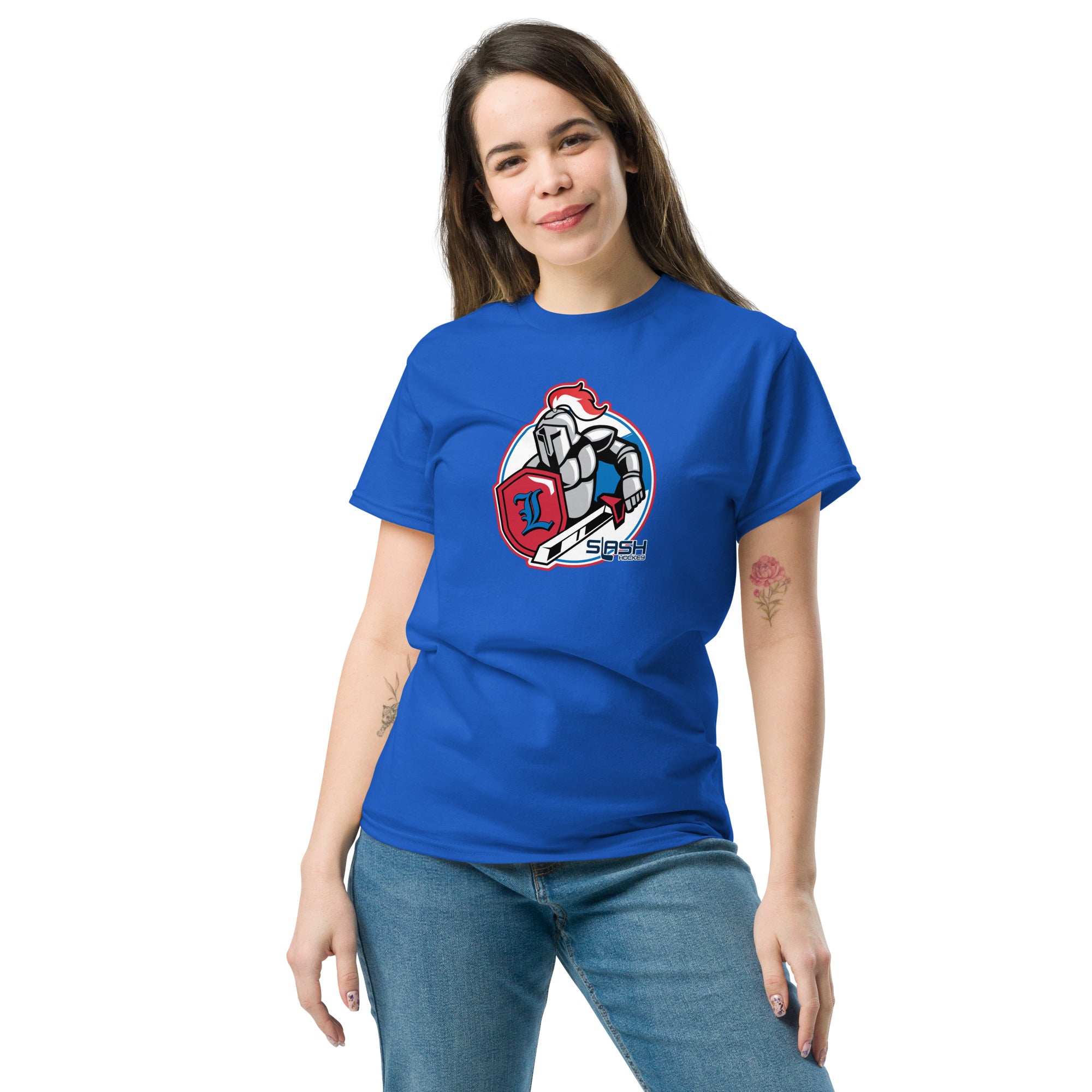 Female model wearing LHA tee, styled casually to show Livonia Hockey pride on and off the rink.