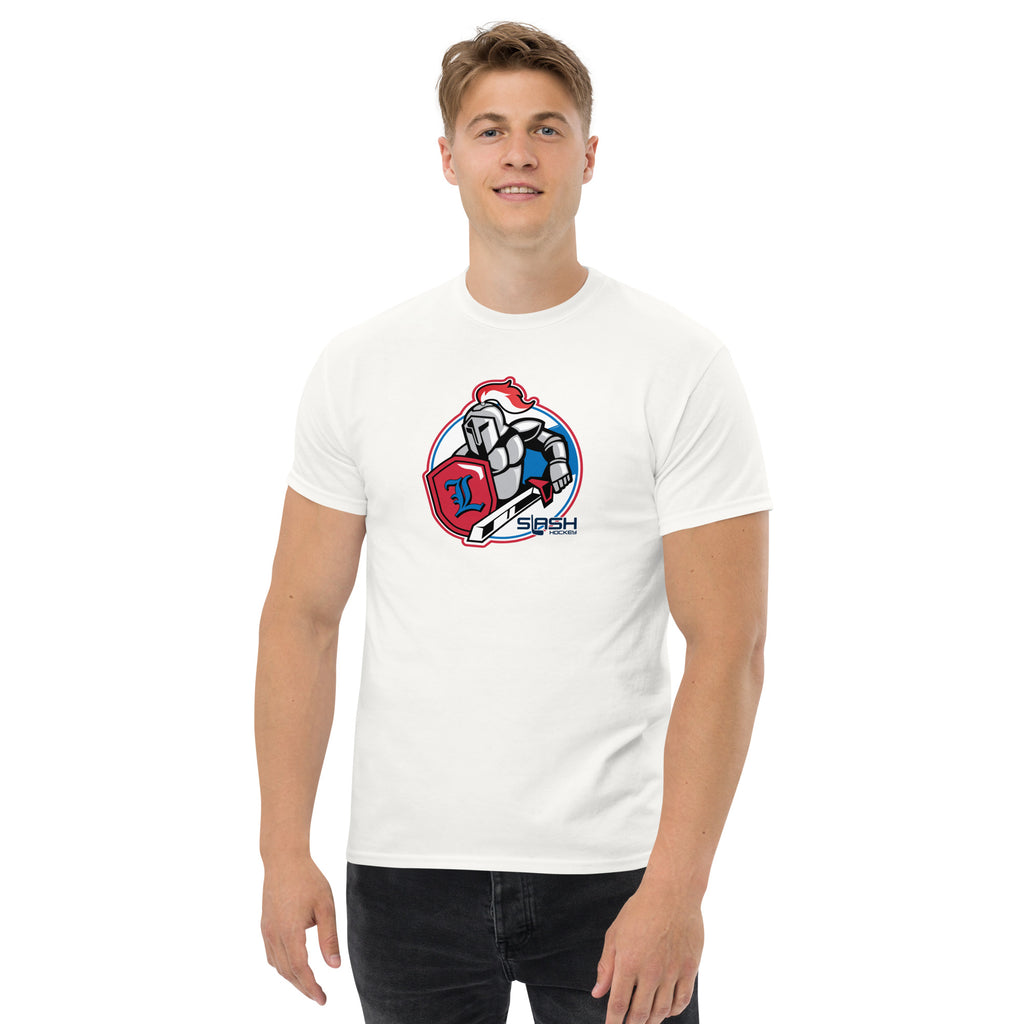Male model wearing LHA tee, casual hockey-inspired look for players and fans.