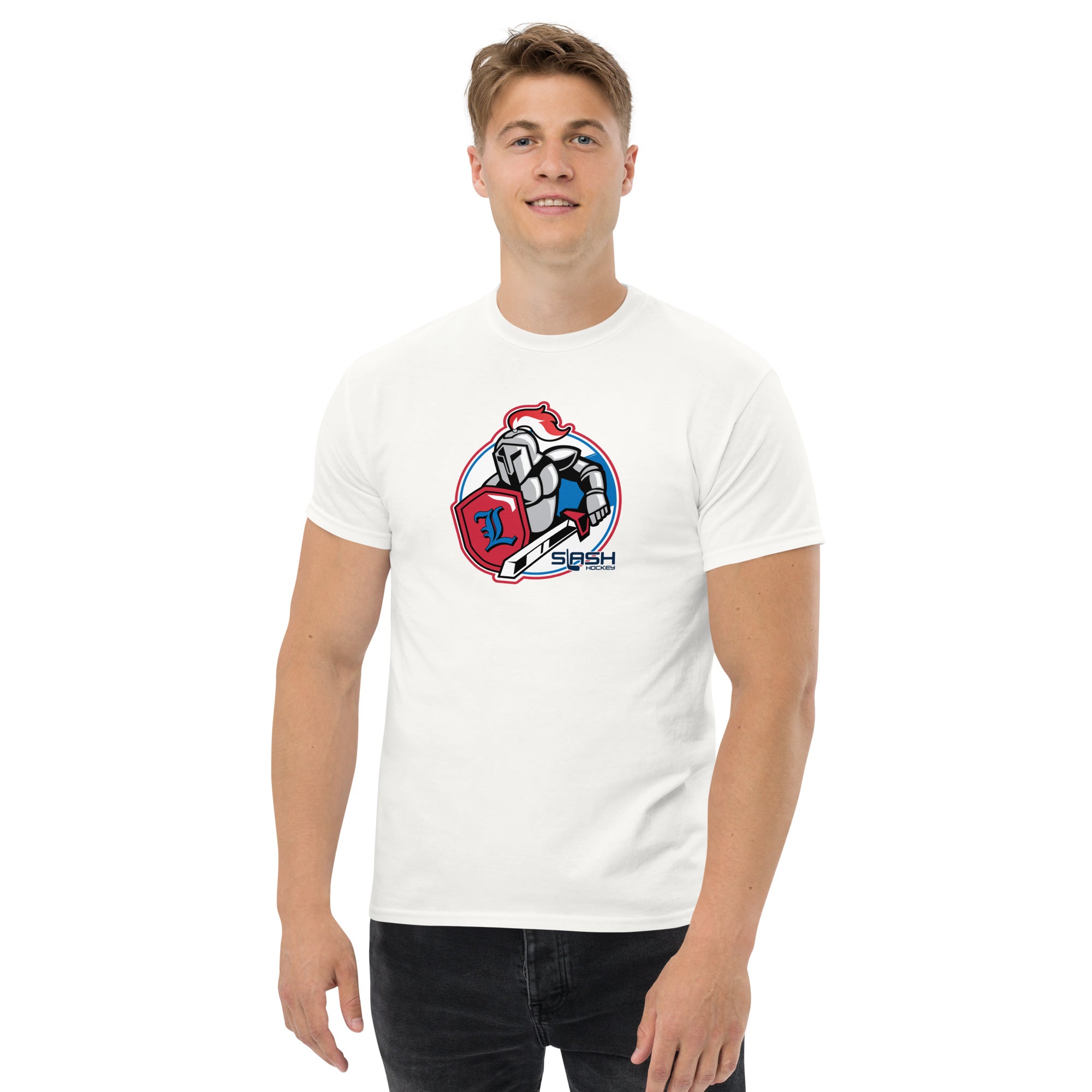 Male model wearing LHA tee, casual hockey-inspired look for players and fans.