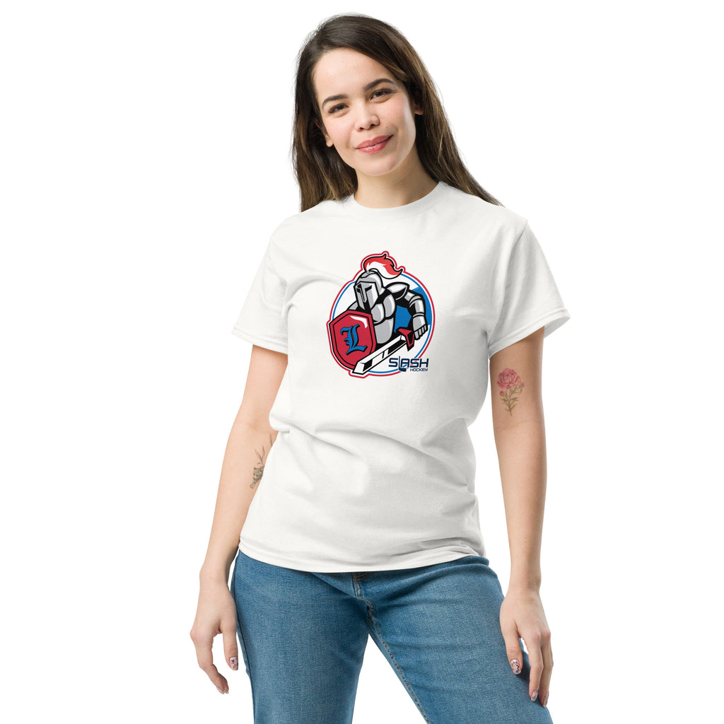 Female model wearing LHA tee, styled casually to show Livonia Hockey pride on and off the rink.