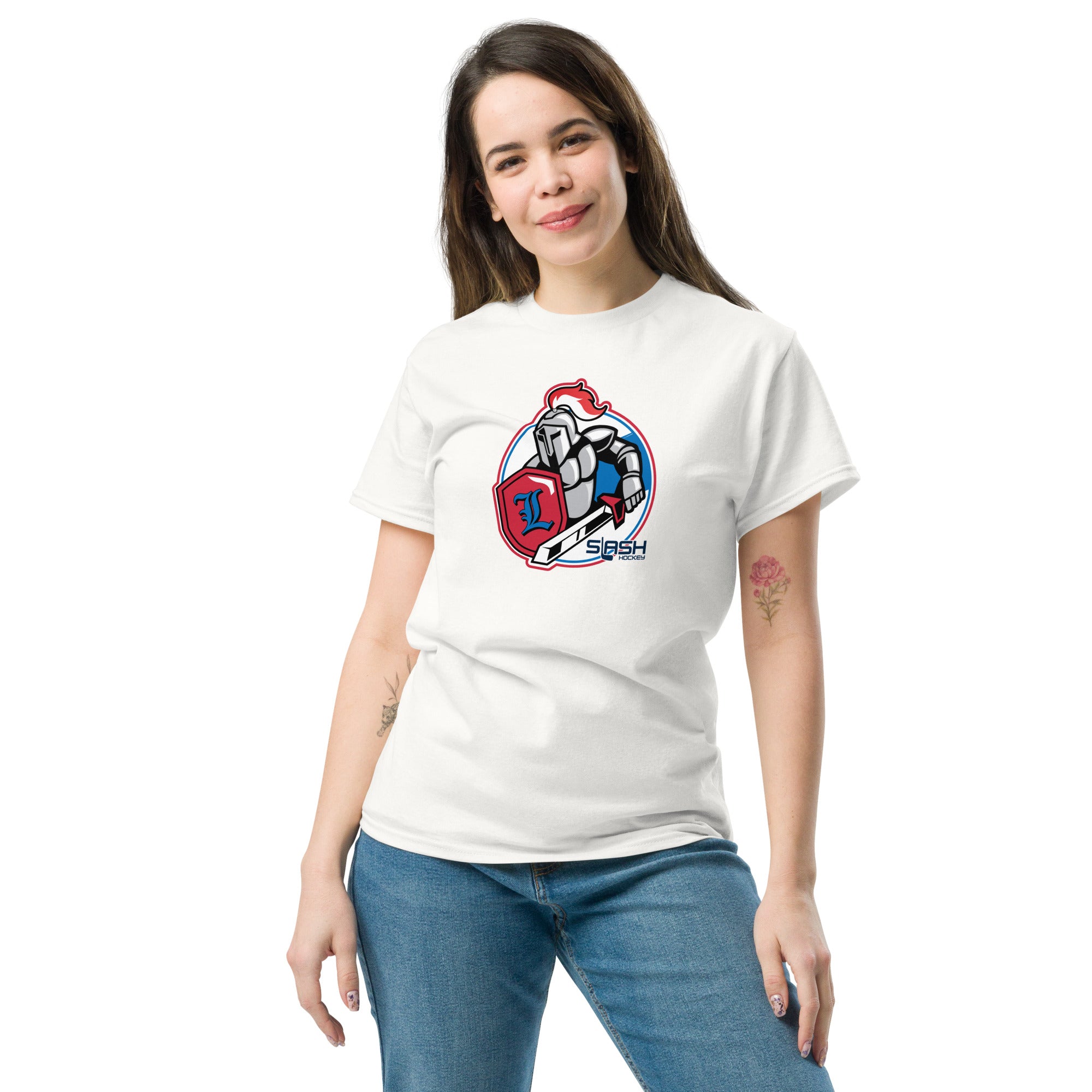 Female model wearing LHA tee, styled casually to show Livonia Hockey pride on and off the rink.