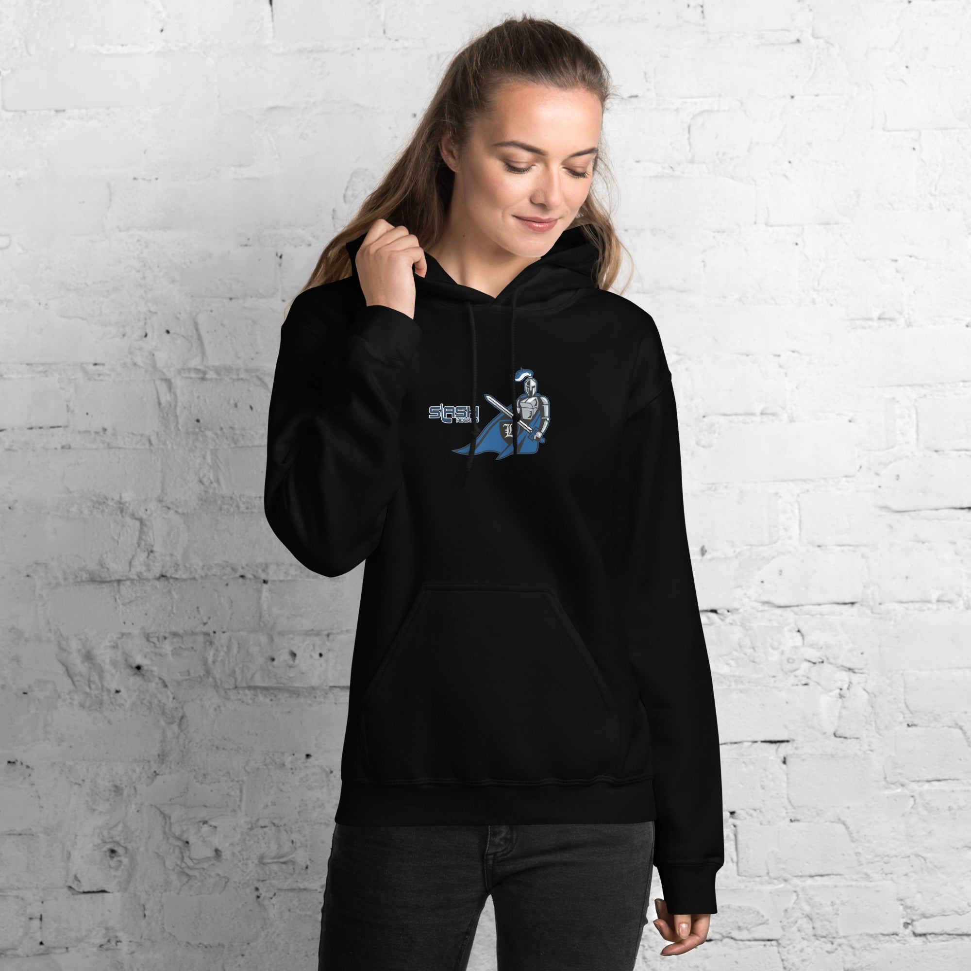 Girl wearing LHA Girls Hoodie, casual hockey look showing Livonia Hockey Association pride in a rink or everyday setting.