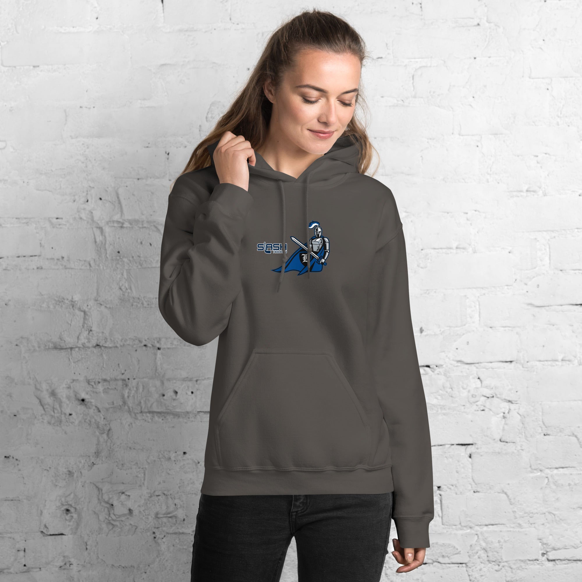 Girl wearing LHA Girls Hoodie, casual hockey look showing Livonia Hockey Association pride in a rink or everyday setting.
