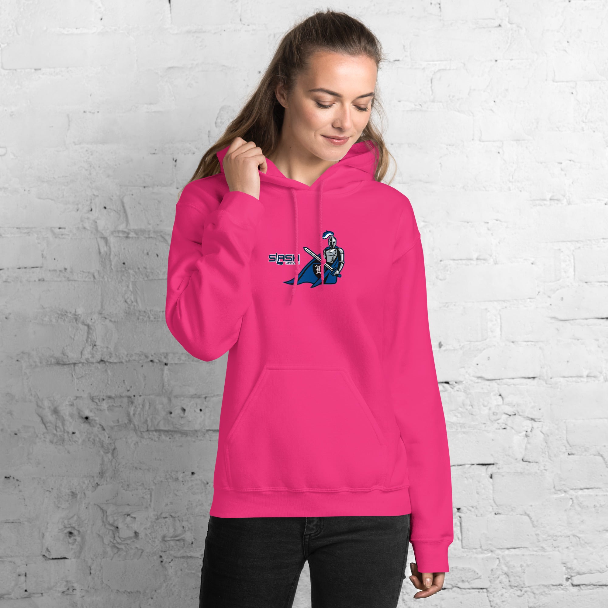 Girl wearing LHA Girls Hoodie, casual hockey look showing Livonia Hockey Association pride in a rink or everyday setting.