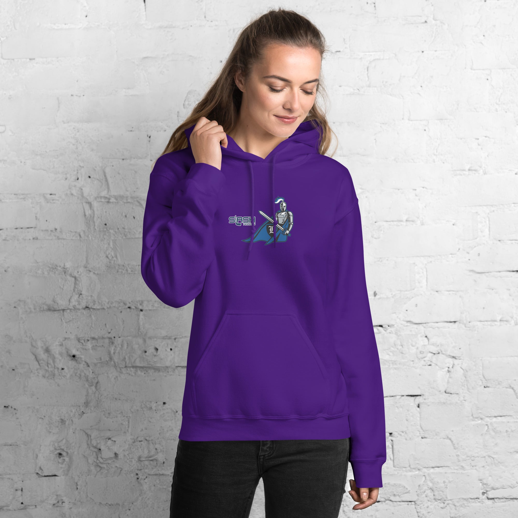 Girl wearing LHA Girls Hoodie, casual hockey look showing Livonia Hockey Association pride in a rink or everyday setting.