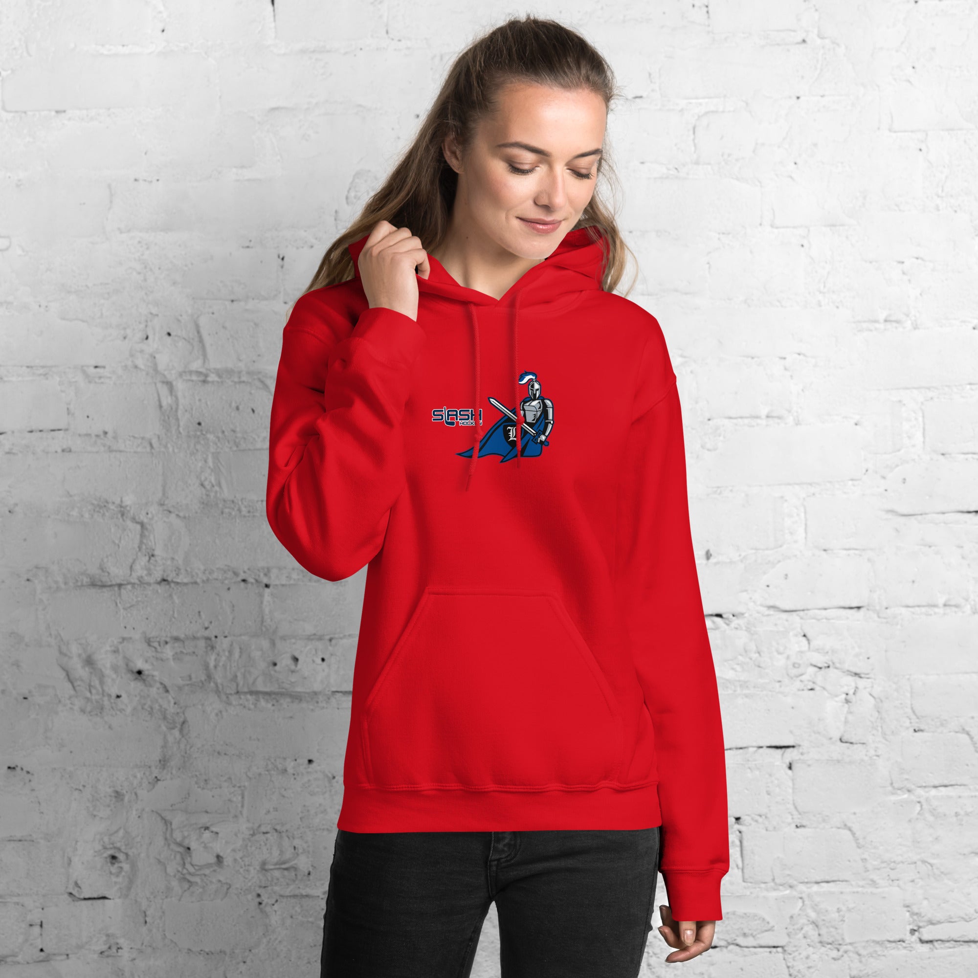 Girl wearing LHA Girls Hoodie, casual hockey look showing Livonia Hockey Association pride in a rink or everyday setting.