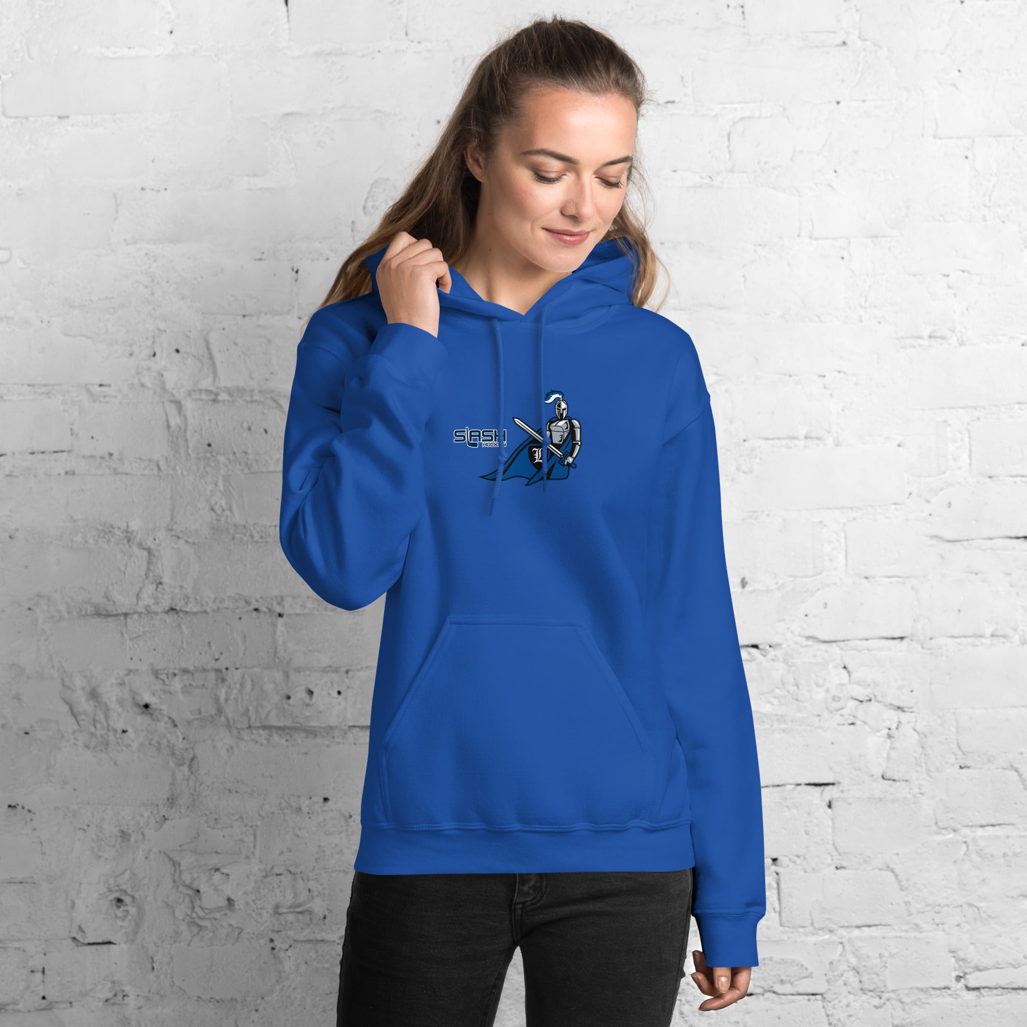 Girl wearing LHA Girls Hoodie, casual hockey look showing Livonia Hockey Association pride in a rink or everyday setting.