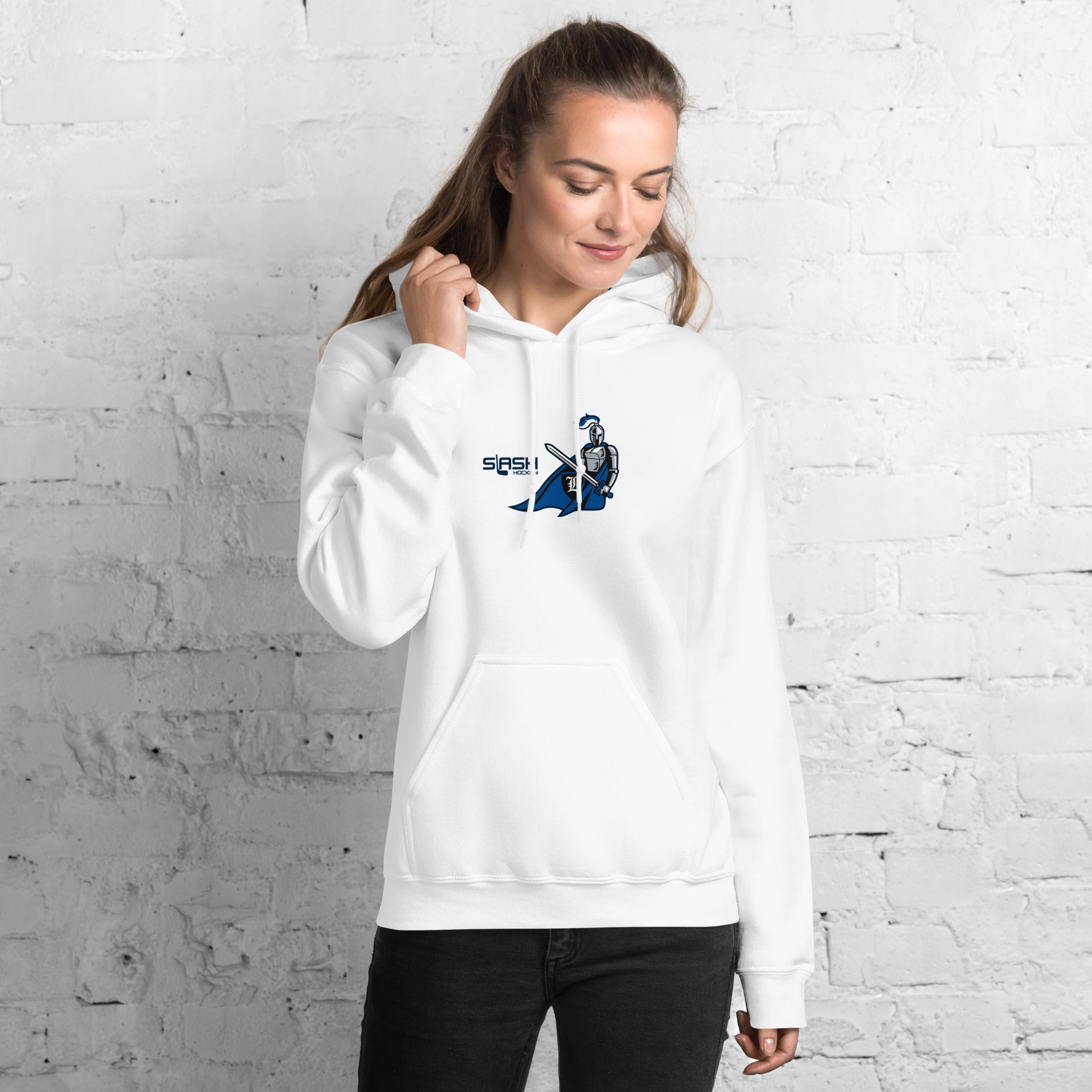 Girl wearing LHA Girls Hoodie, casual hockey look showing Livonia Hockey Association pride in a rink or everyday setting.