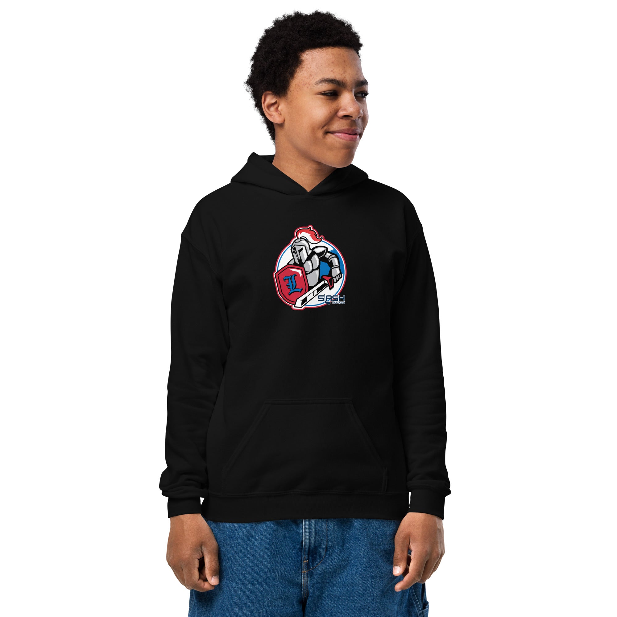 Young athlete wearing LHA Youth Hoodie, casual hockey look showing Livonia Hockey pride at the rink or everyday setting.