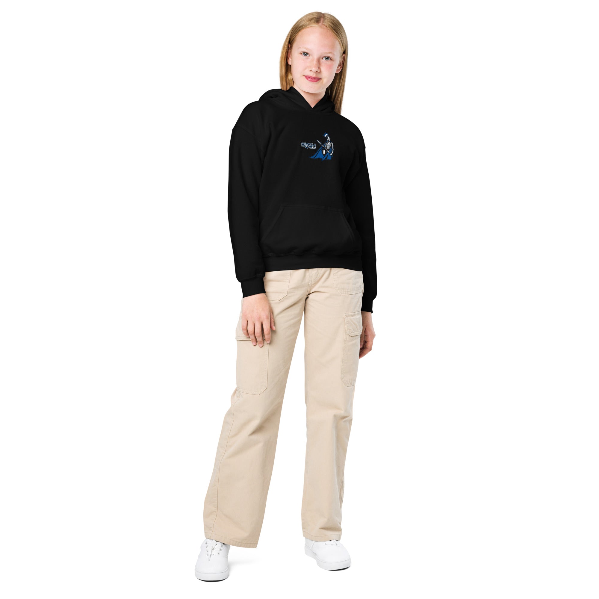 Girl wearing LHA Youth Girls Hoodie, casual hockey look showing Livonia Hockey Association pride in an everyday setting.