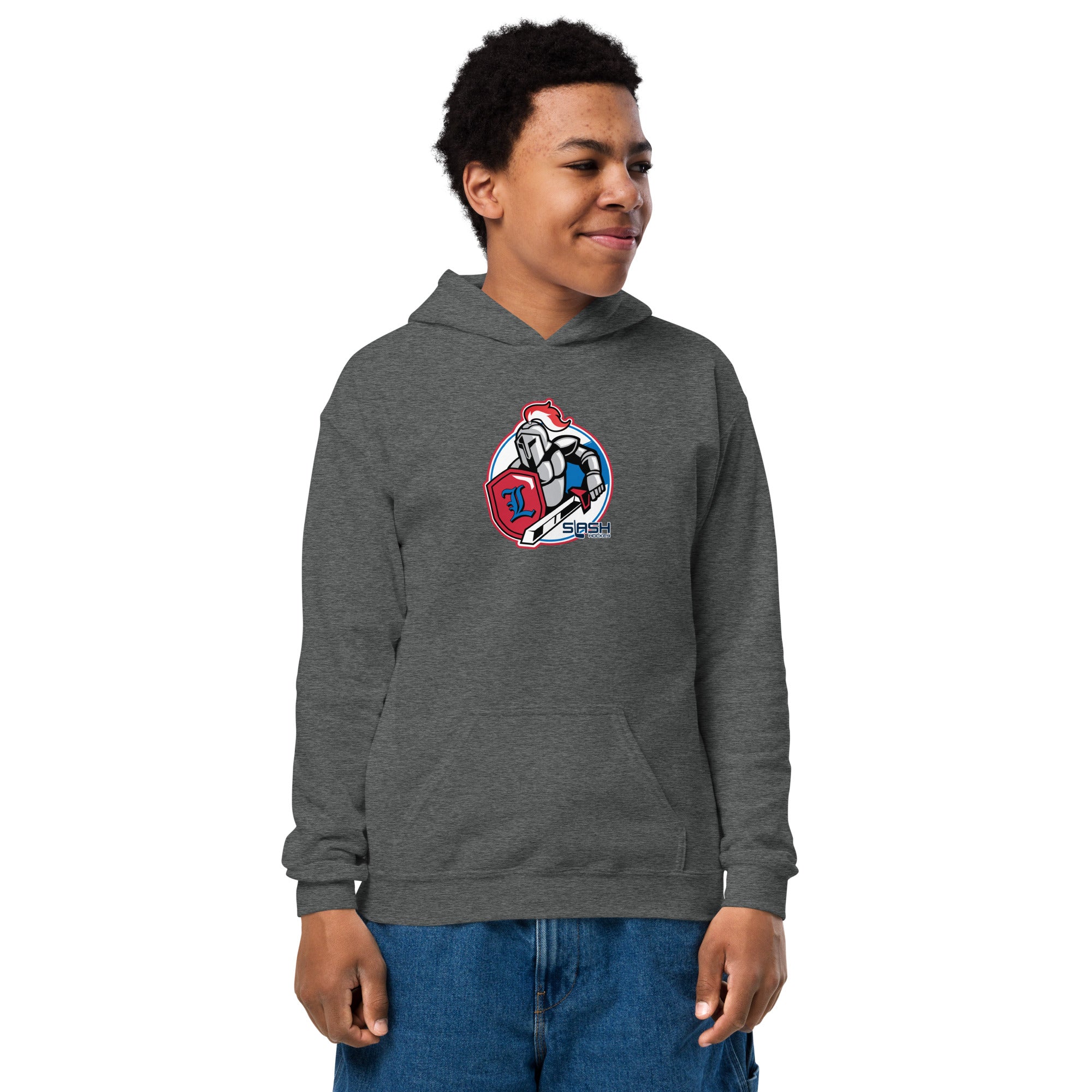 Young athlete wearing LHA Youth Hoodie, casual hockey look showing Livonia Hockey pride at the rink or everyday setting.