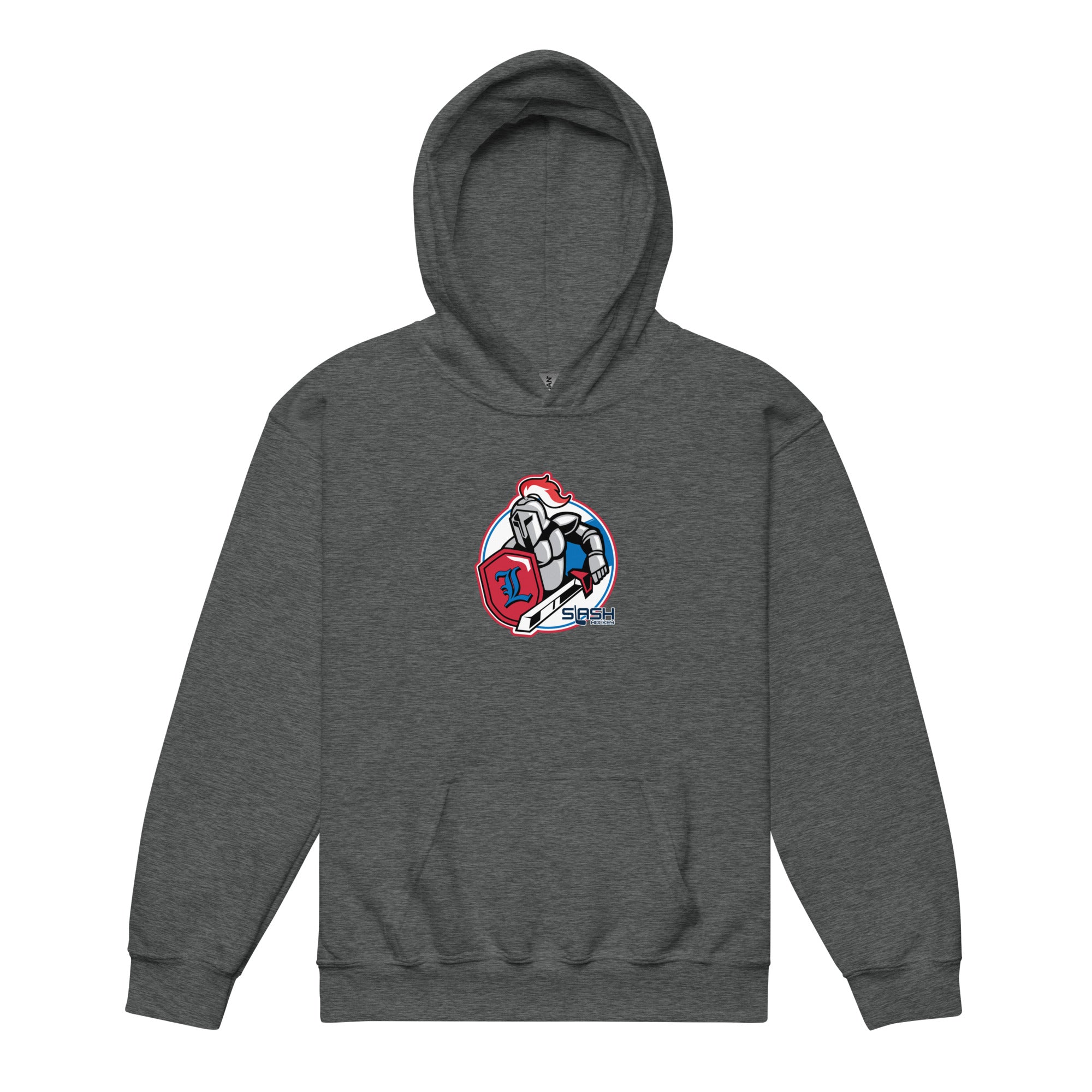 Front view of LHA Youth Hoodie with Livonia Hockey Association logo and Slash Hockey branding on chest.