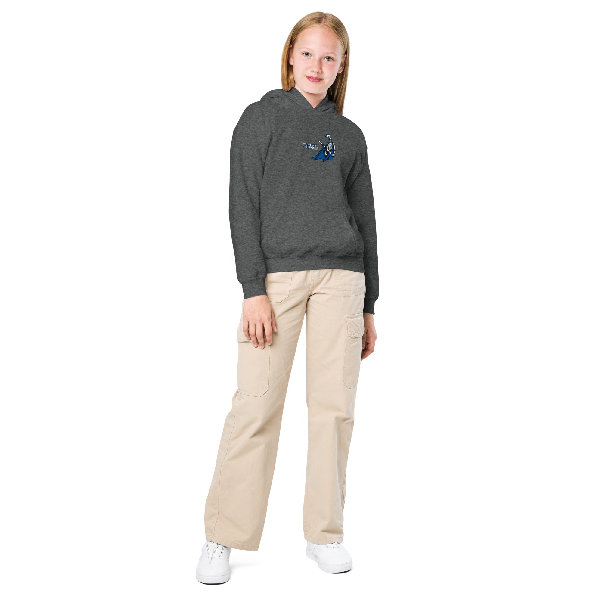 Girl wearing LHA Youth Girls Hoodie, casual hockey look showing Livonia Hockey Association pride in an everyday setting.