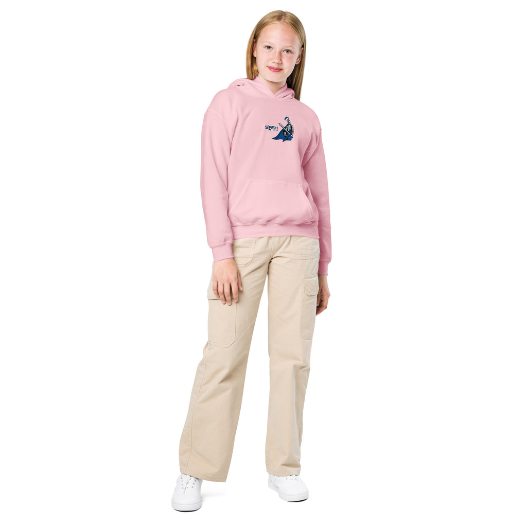 Girl wearing LHA Youth Girls Hoodie, casual hockey look showing Livonia Hockey Association pride in an everyday setting.