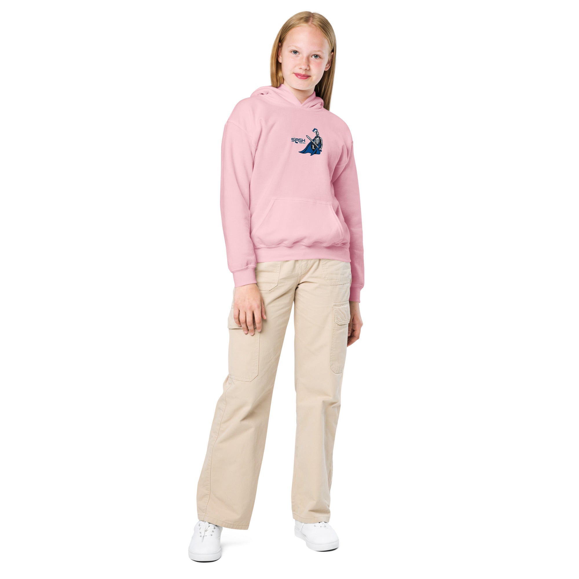 Girl wearing LHA Youth Girls Hoodie, casual hockey look showing Livonia Hockey Association pride in an everyday setting.