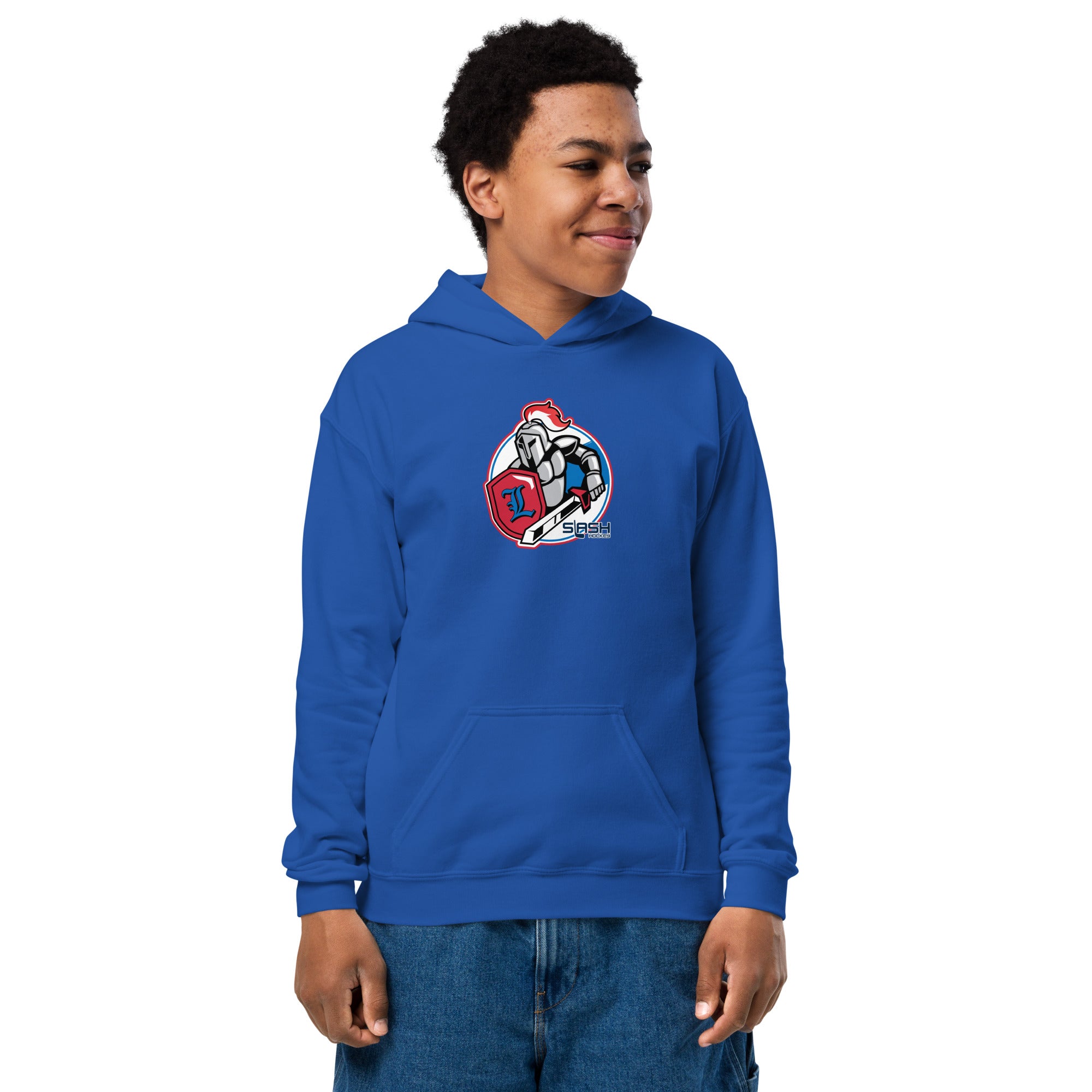 Young athlete wearing LHA Youth Hoodie, casual hockey look showing Livonia Hockey pride at the rink or everyday setting.