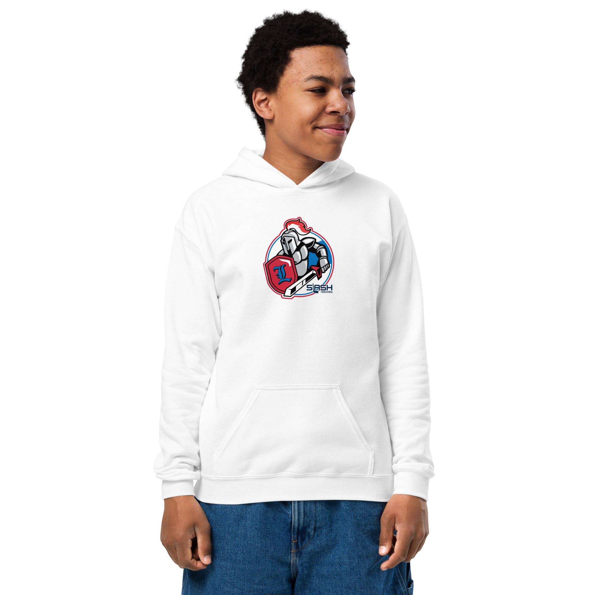 Young athlete wearing LHA Youth Hoodie, casual hockey look showing Livonia Hockey pride at the rink or everyday setting.