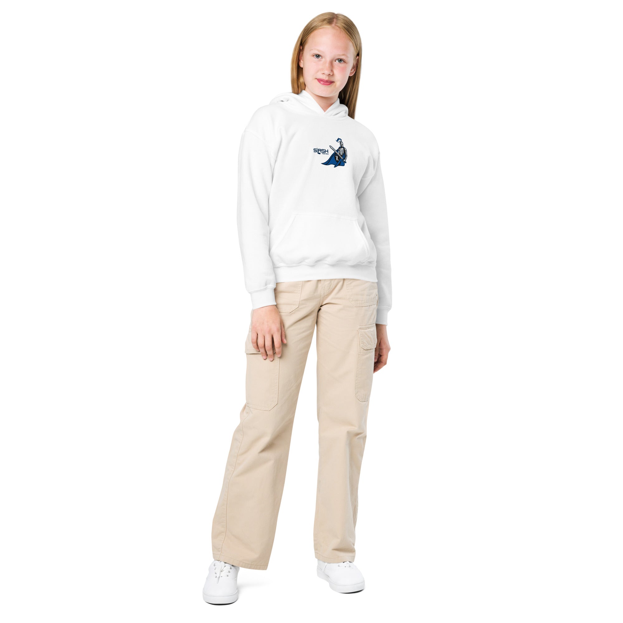 Girl wearing LHA Youth Girls Hoodie, casual hockey look showing Livonia Hockey Association pride in an everyday setting.