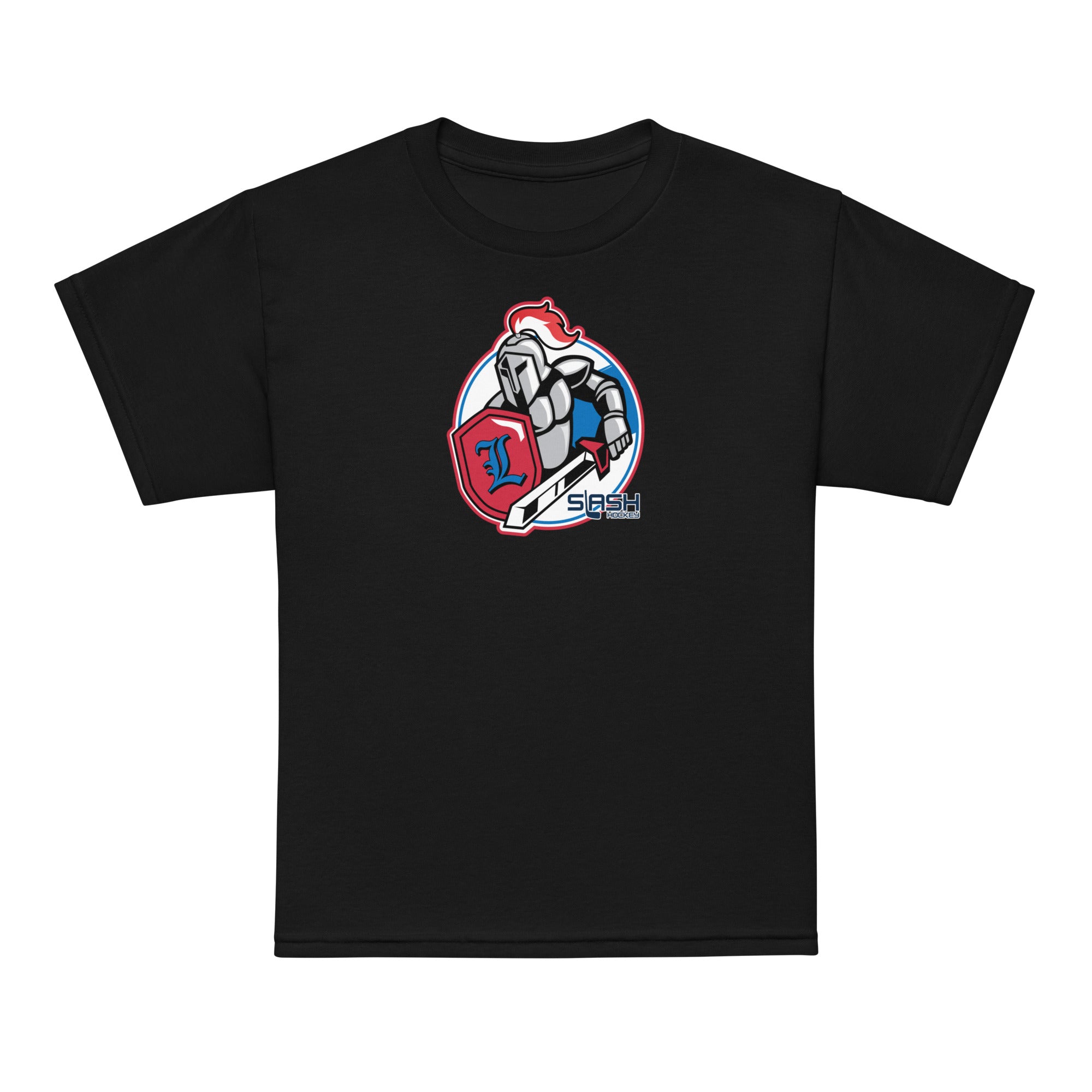Front view of LHA Youth Tee in navy with Livonia Hockey Association logo and Slash Hockey branding on chest.