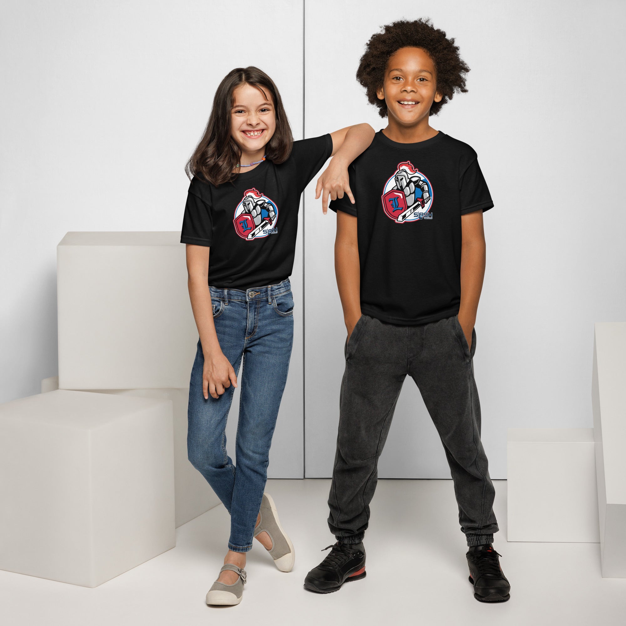 Boy and girl wearing LHA Youth Tees, showing Livonia Hockey Association design, styled casually for active hockey culture.