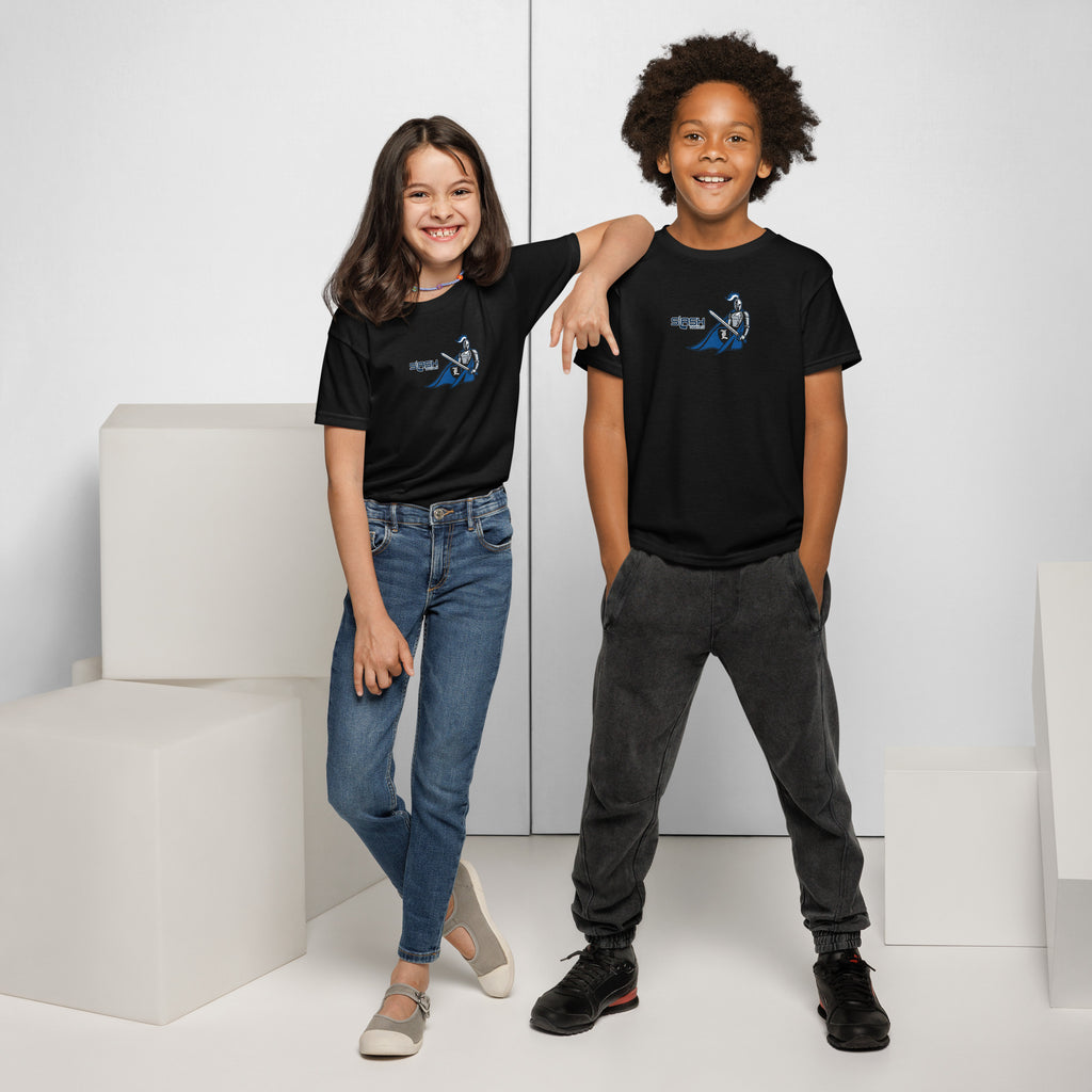 Boy and girl wearing LHA Youth Girls Tees, showing Livonia Hockey Association design in a casual hockey setting.