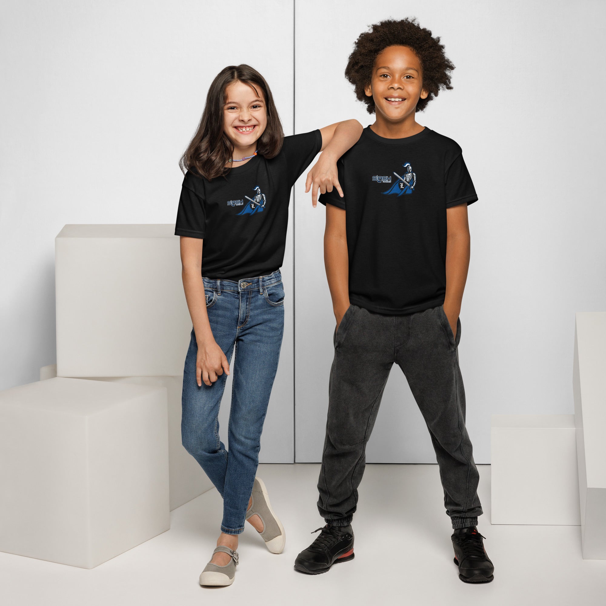 Boy and girl wearing LHA Youth Girls Tees, showing Livonia Hockey Association design in a casual hockey setting.