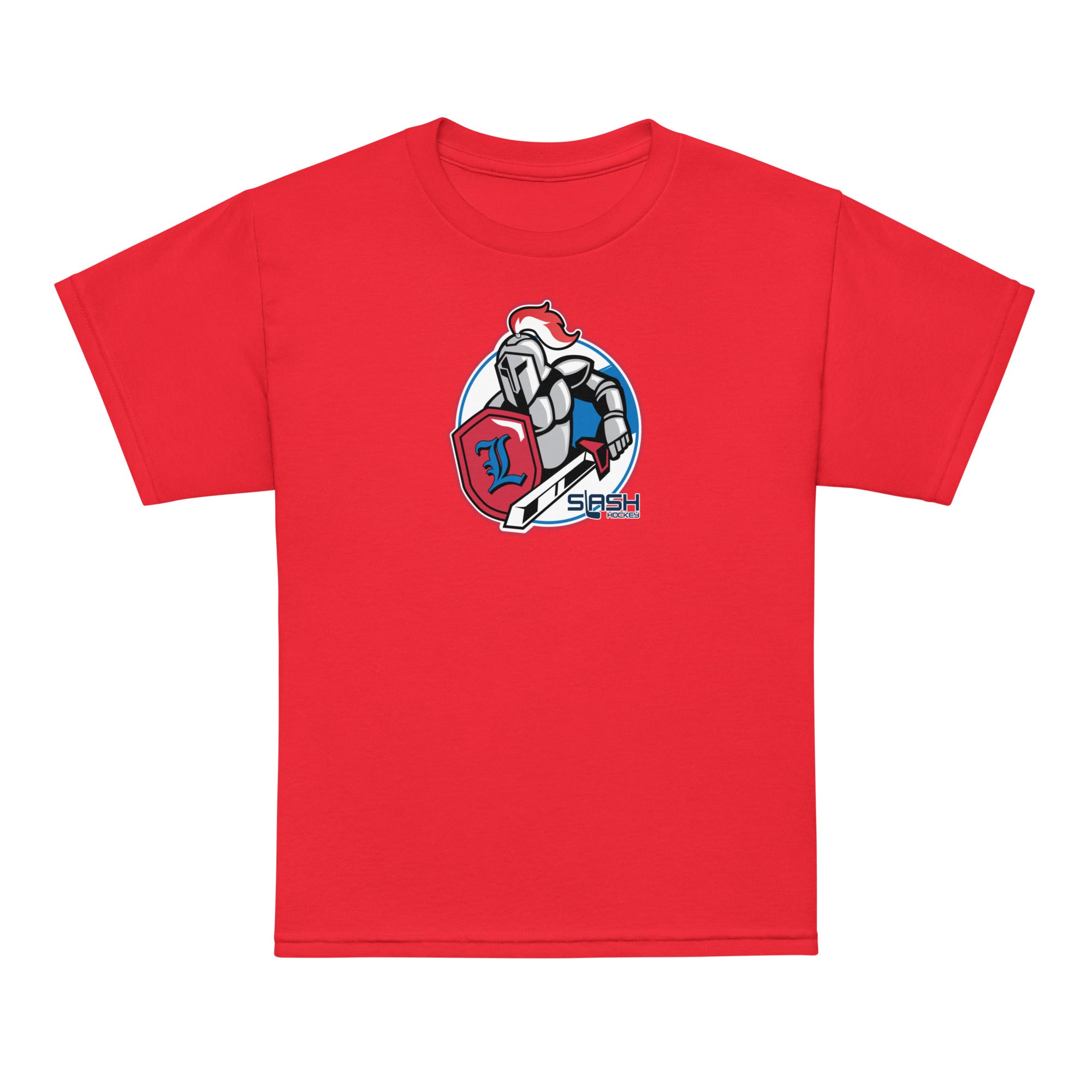 Front view of LHA Youth Tee in navy with Livonia Hockey Association logo and Slash Hockey branding on chest.