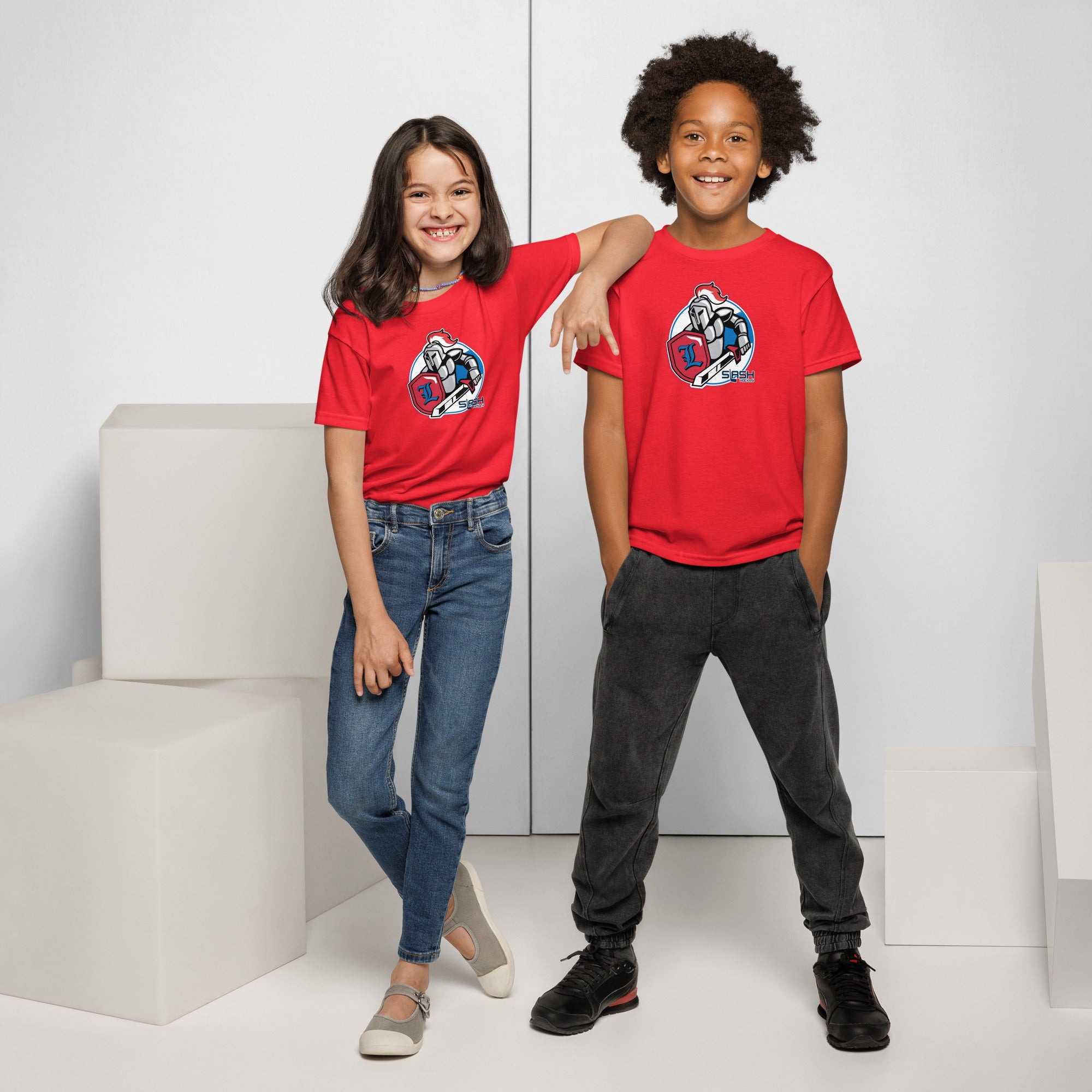 Boy and girl wearing LHA Youth Tees, showing Livonia Hockey Association design, styled casually for active hockey culture.