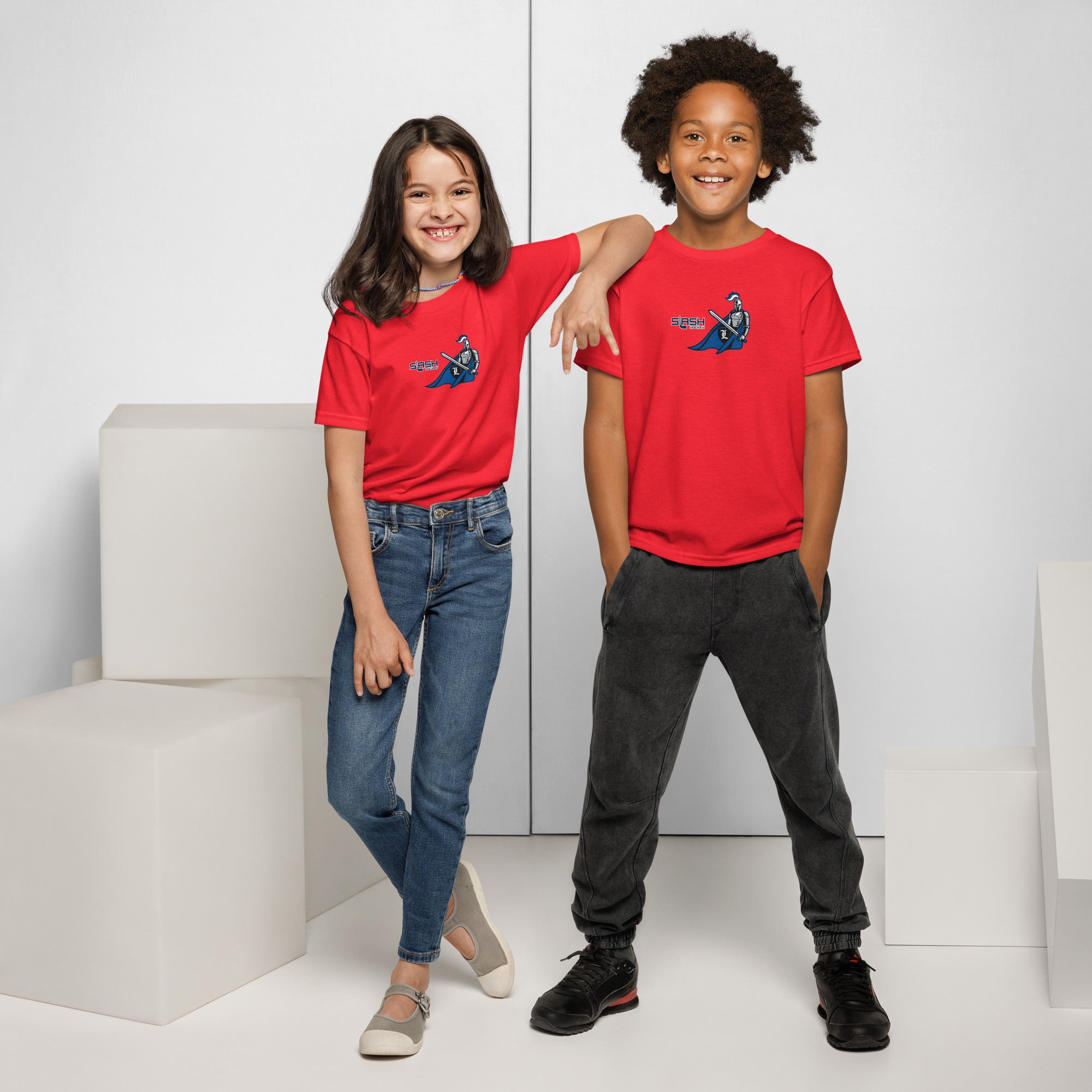 Boy and girl wearing LHA Youth Girls Tees, showing Livonia Hockey Association design in a casual hockey setting.