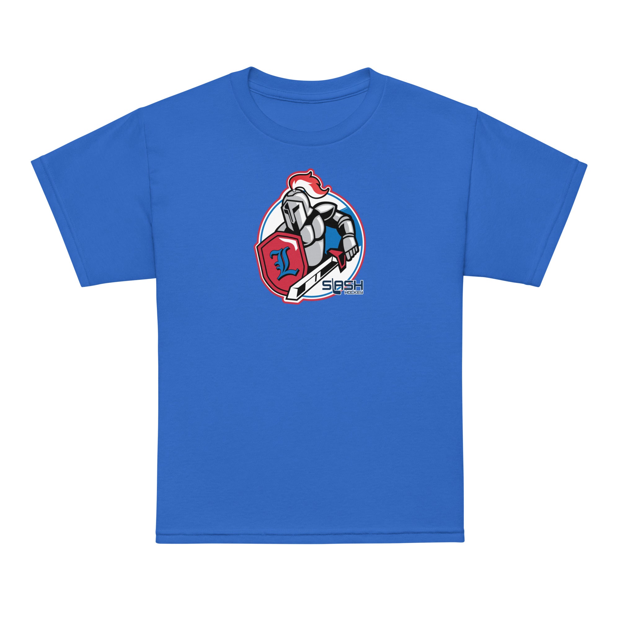 Front view of LHA Youth Tee in navy with Livonia Hockey Association logo and Slash Hockey branding on chest.