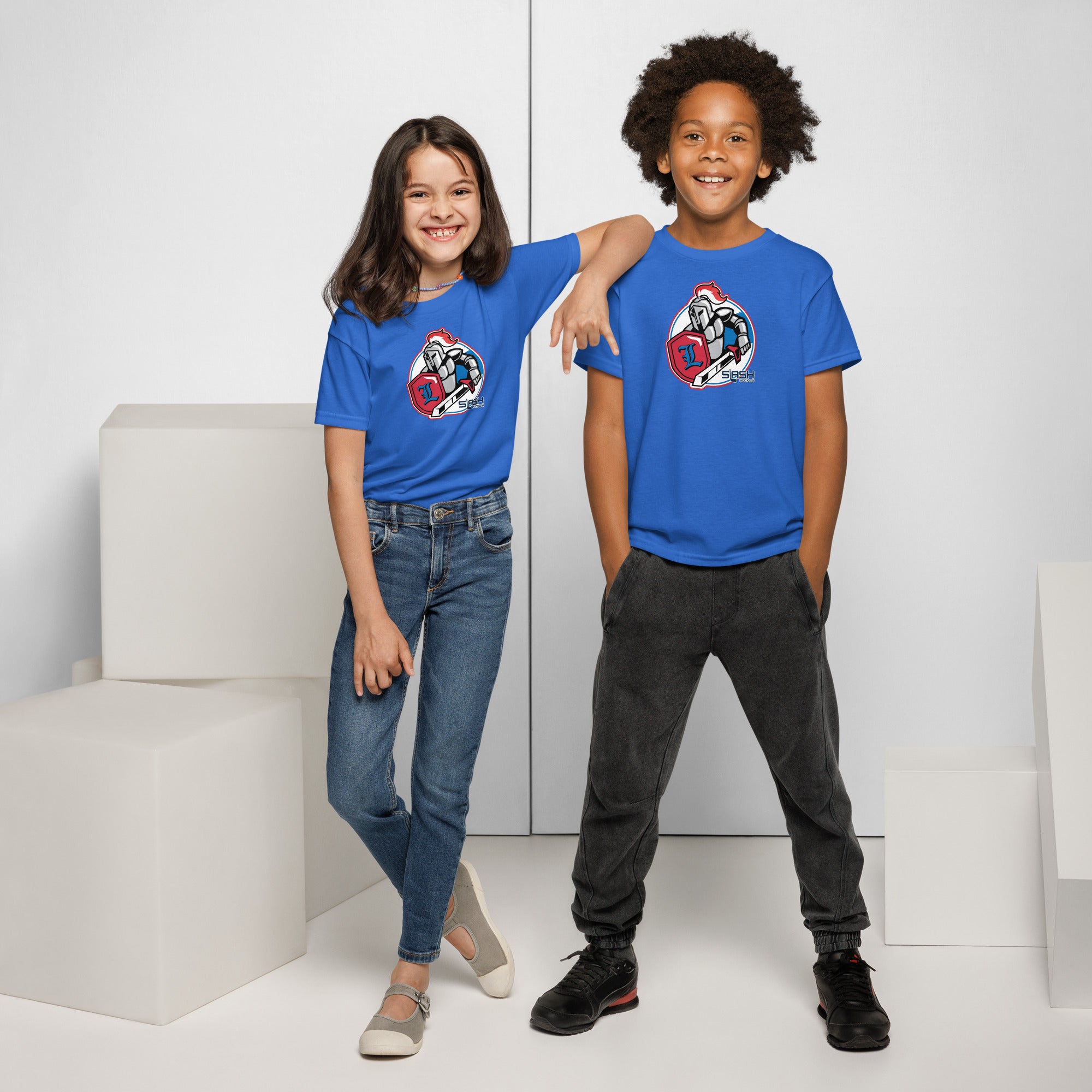 Boy and girl wearing LHA Youth Tees, showing Livonia Hockey Association design, styled casually for active hockey culture.