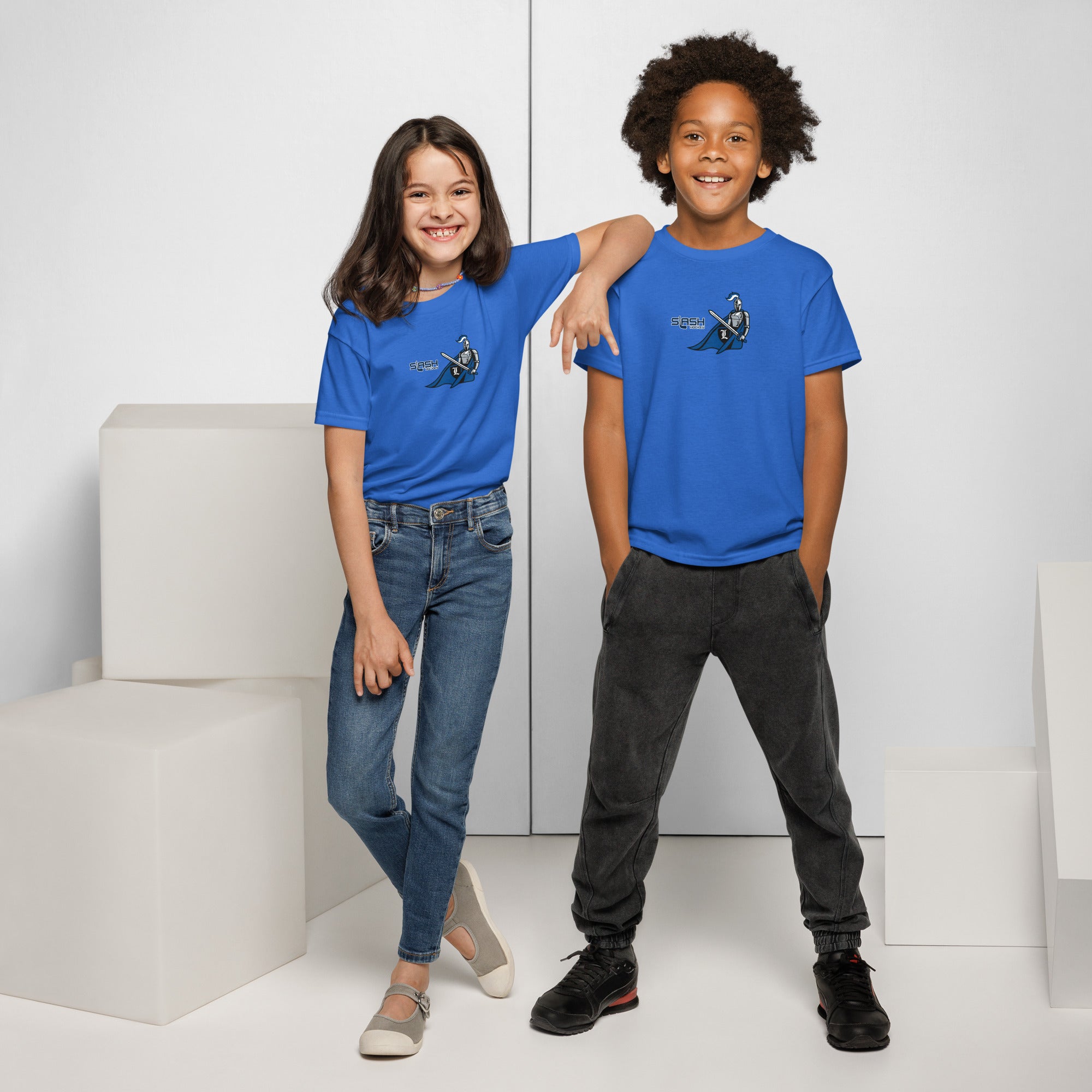 Boy and girl wearing LHA Youth Girls Tees, showing Livonia Hockey Association design in a casual hockey setting.