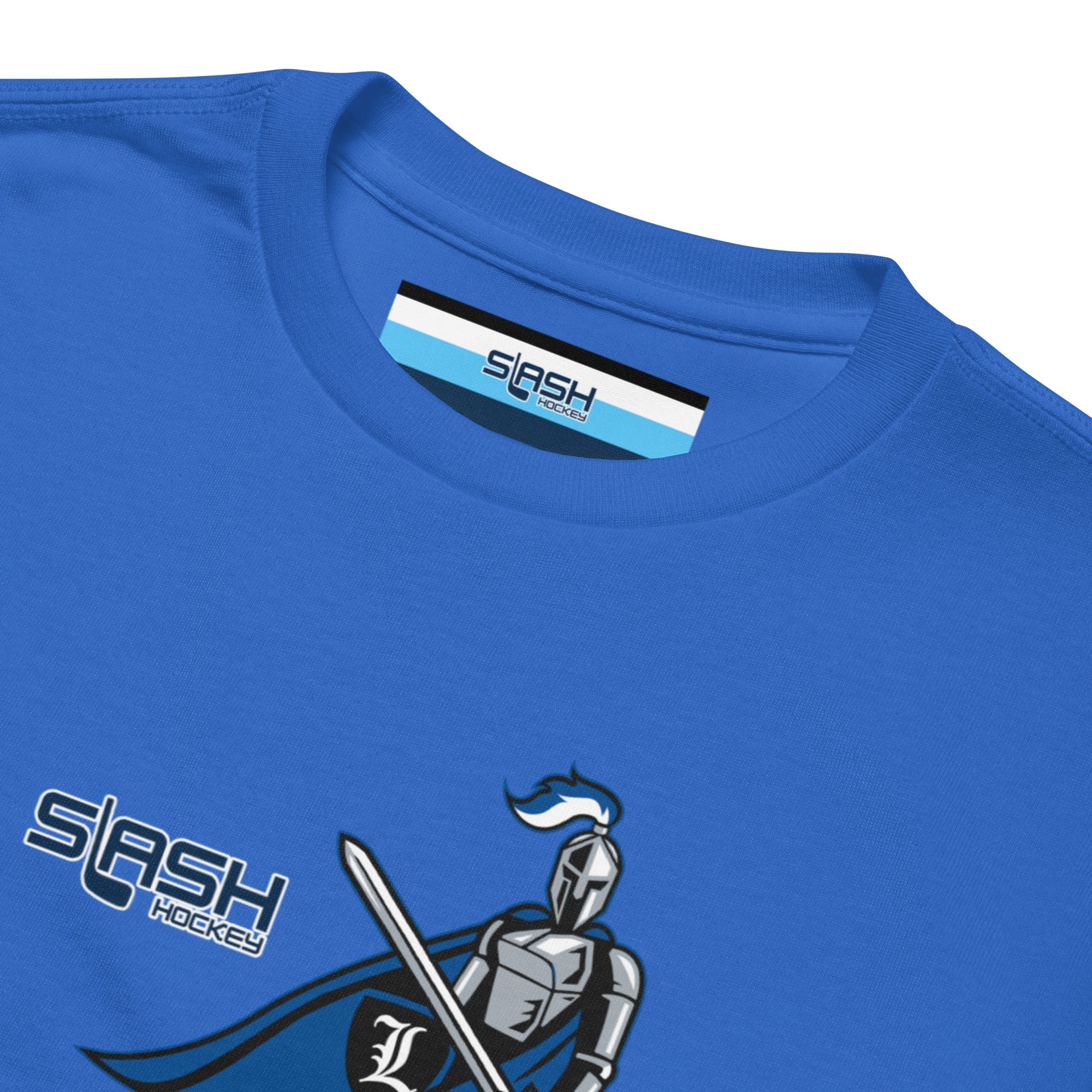 Close-up of LHA Youth Girls Tee inside collar tag, showing fabric details and branding placement.