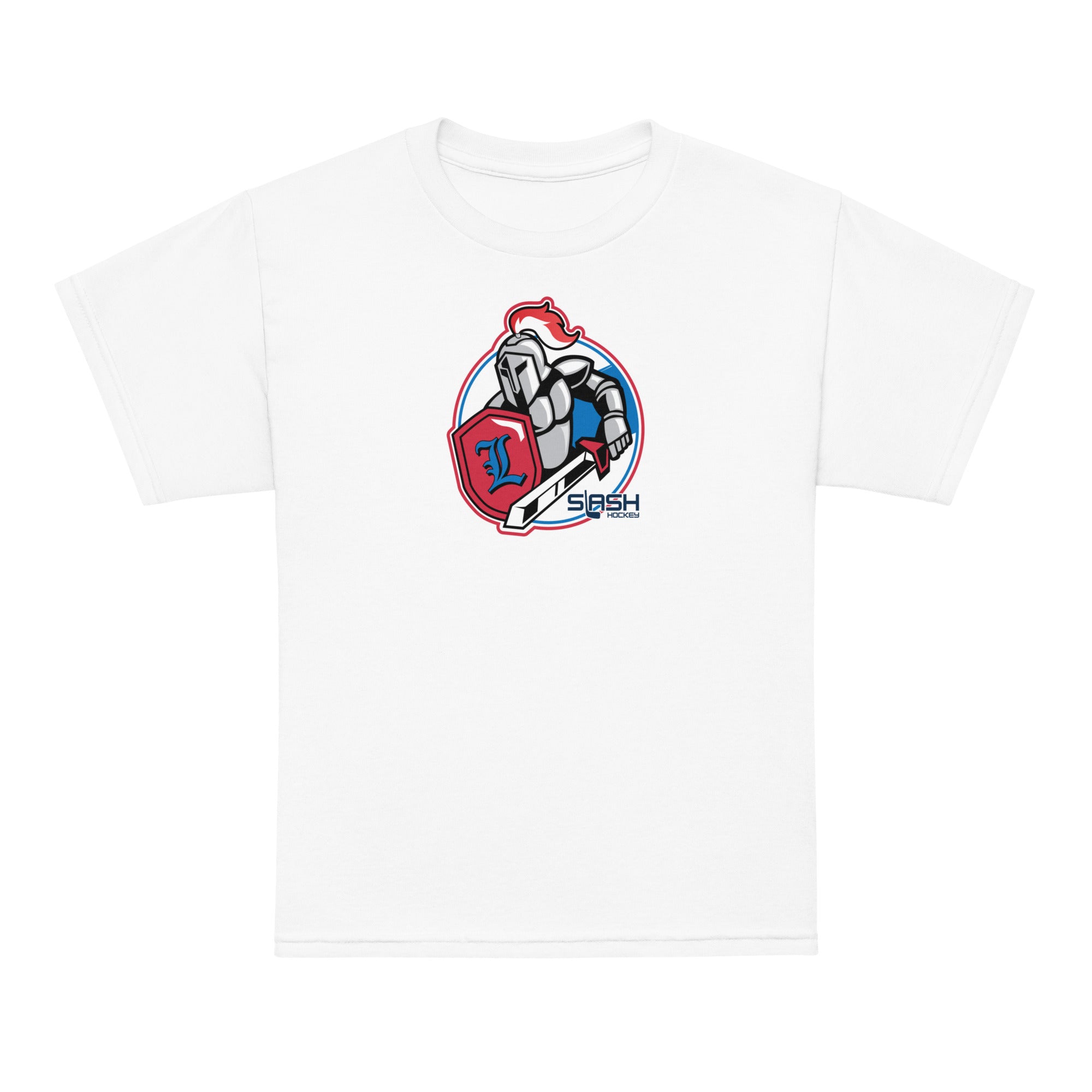 Front view of LHA Youth Tee in navy with Livonia Hockey Association logo and Slash Hockey branding on chest.