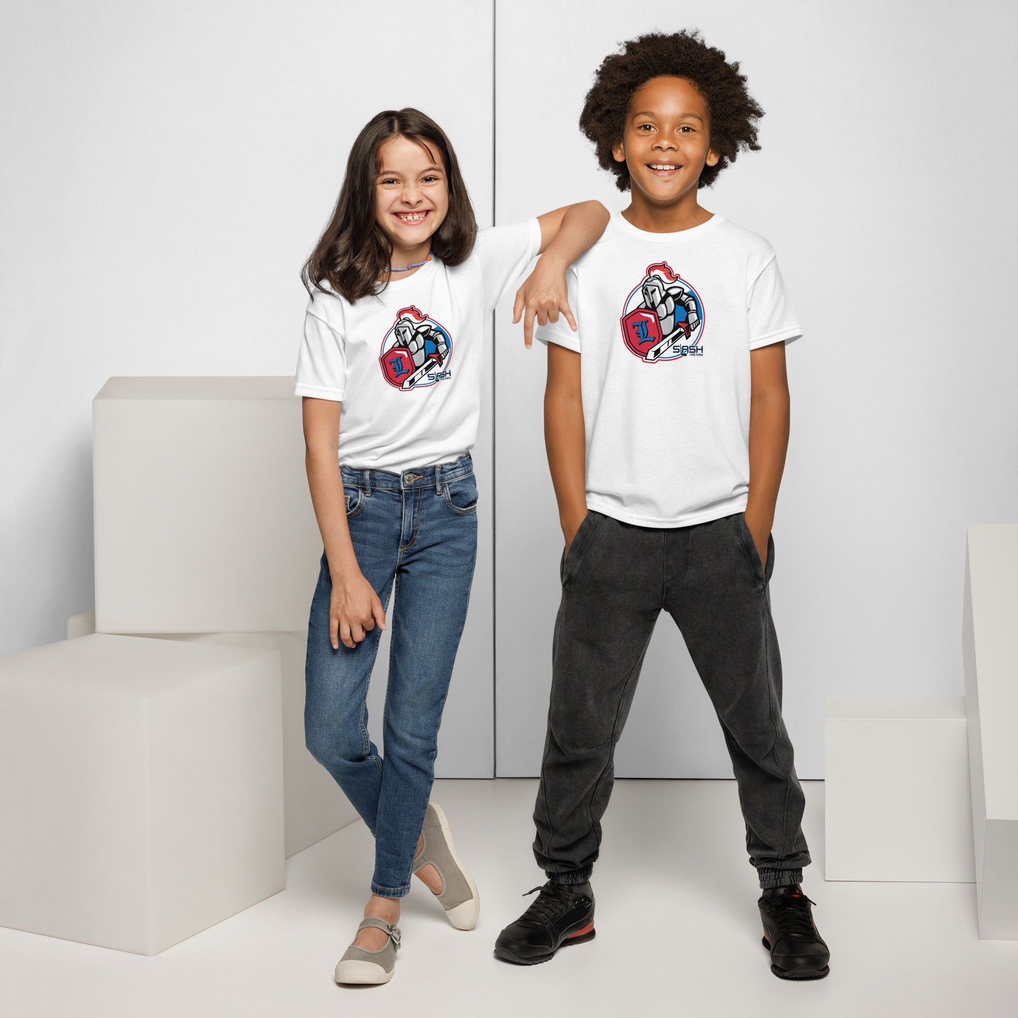 Boy and girl wearing LHA Youth Tees, showing Livonia Hockey Association design, styled casually for active hockey culture.