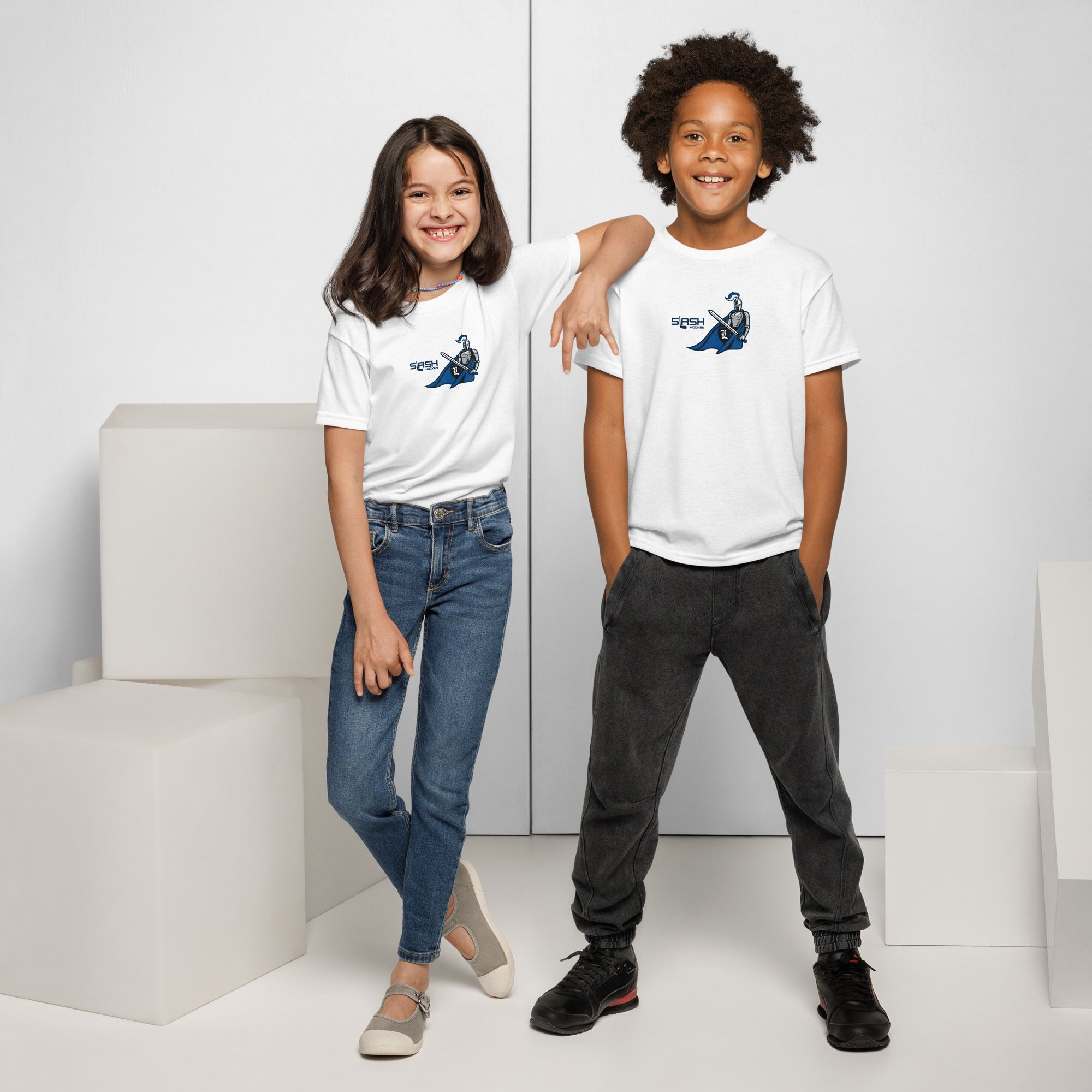 Boy and girl wearing LHA Youth Girls Tees, showing Livonia Hockey Association design in a casual hockey setting.