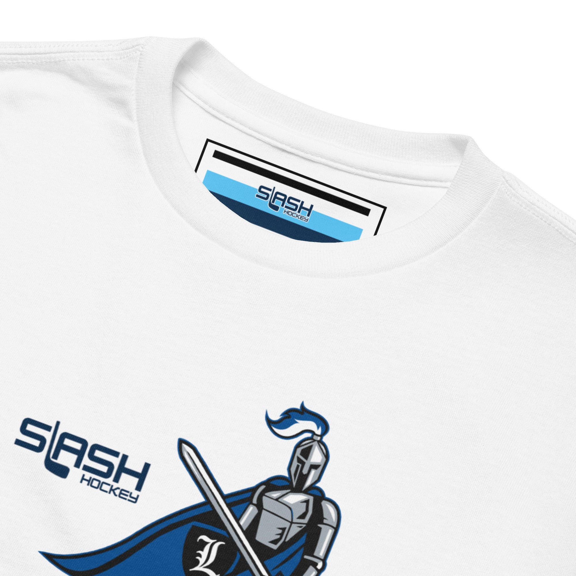 Close-up of LHA Youth Girls Tee inside collar tag, showing fabric details and branding placement.